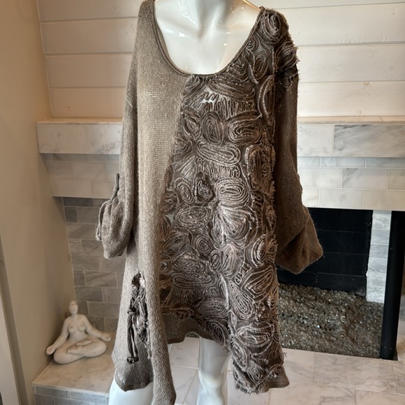 Art To Wear Taupe Mohair Italian Fiber Art Rosette Detail Knit Dress or Tunic XL - Picture 2 of 11